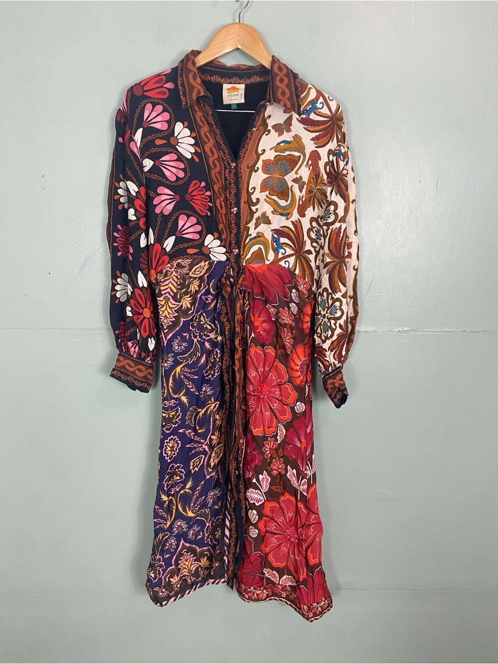 Farm Rio Miranda Long Sleeve Floral Faux Wrap Midi Dress Button Front L Chemise - Picture 2 of 9
